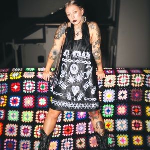 ♰ Vintage black silk slip dress with prints ♰